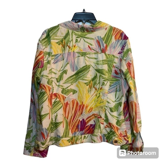 🐠 Chicos Tropical Floral Linen Blend Jacket, Pre-Owned, Size 3 (16) 🌺 - Picture 2 of 12
